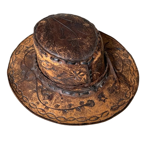 (SOLD) HANDMADE Vintage Hand Tooled Leather Mexican Western Cowboy Hat Hat O/S - Picture 7 of 15